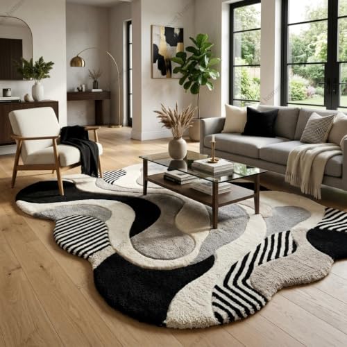 Image of SWEET HOMES Irregular Handwoven Shaggy Fluffy Area Rug | Modern Abstract Plush Carpet for Living Room, 12 x 18 Feet (366 x 549 cm), Black /Grey