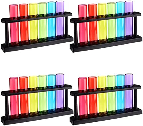 4 Pack Plastic Test Tubes with Rack for Parties, Plant Propagation, Shot Glasses Holder for Science Themed Birthday Party, Pouring and Storing Liquids, 6 Colors (1.5 Ounces)