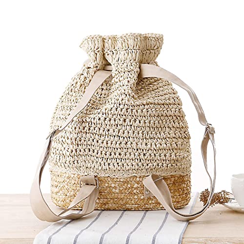 Image of Women Knapsack Crochet Woven Straw Backpack with Leather Straps Shoulder Bags Drawstring Backpack Summer Holiday Beach Tote Beige Rucksack