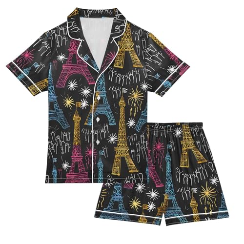 ALAZA New Year Paris Eiffel Tower Satin Pajamas Set Short Sleeve Button Down Sleepwear Summer Pjs 2 Piece
