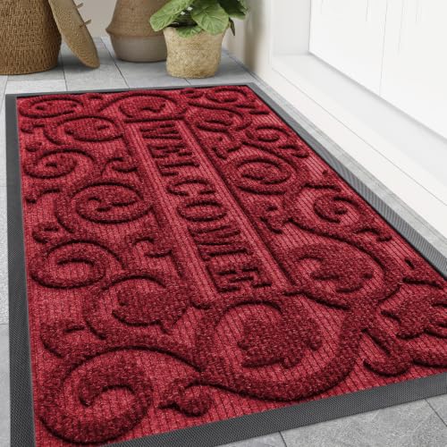 Image of Smiry Welcome Door Mat Outside Entrance, Heavy Duty Trap Dirt and Moisture Easy Clean Low Profile Patio Porch Indoor Outdoor Front Doormat for Entry, 47x32 Inch, Burgundy