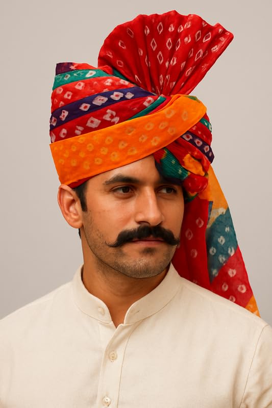 Image of THE SHAPE Rajasthani Safa Multicolor Bandhani Pagri for Men | Traditional Marwadi Cotton Blend Turban | Ethnic Wear Wedding Pagdi for Groom & Baraati | Party & Event Decoration Safa