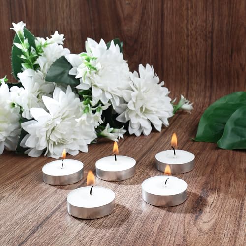 Image of D'Velas White Unscented Wax Tealight Candles - Pack of 100 | 2 Hours Burning Time, Paraffin Wax, Unscented, Smokeless, Dripless, for Home Decor, Offices & Other Occasions (White, Pack of 100)