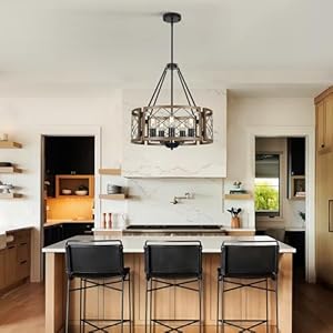 5-Light Farmhouse Chandelier Brown Rustic Chandelier for Dining Room Wood Texture Adjustable Pendant Light,Drum Chandelier for Kitchen Island Entryway Bedroom Hallway,18.9'',E26. 5 Light Farmhouse Chandelier Brown Rustic Chandelier for Dining Room Wood Texture Adjustable Pendant LightDrum Chandelier for Kitchen Island Entryway Bedroom Hallway189E26