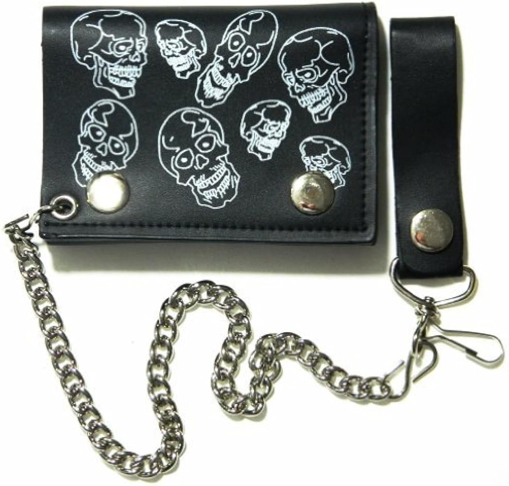 Skulls Design Biker Chain Leather Wallet Tri Fold at Amazon Men's