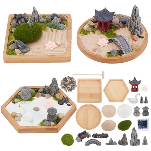 WEBEEDY 3 Sets Mini Zen Garden Kit Sand Tray Kit Japanese Sand Garden for Desktop with Bamboo Tray,Mini Rock Garden Gift Set for Home Office Desk Beautiful Japanese Decor Relaxation Meditation