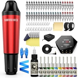 Tattoo Pen Kit Wormhole Cartridge Tattoo Kit for Beginners Rotary Tattoo Machine Pen Professional Complete Tattoo Kit(TK108) (Red)