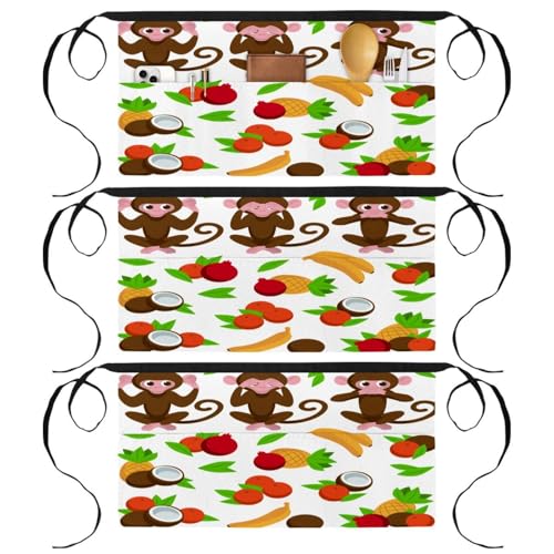 Demi-tablier de cuisine à motif bébé singe multicolore avec poches