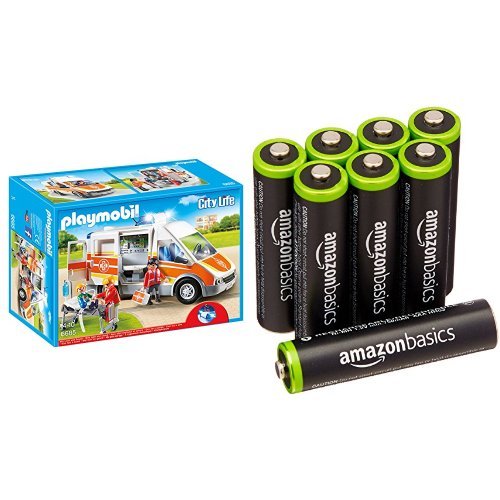 Playmobil - Ambulancia con luces y sonido (66850) y 8 pilas recargables AAA de AmazonBasics