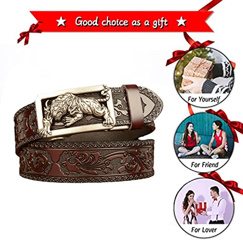 Ratchet Embossed Leather Belt For Men - Silvery Animal Auto Click Sliding Buckle, Adjustable Handmade Waist Strap4