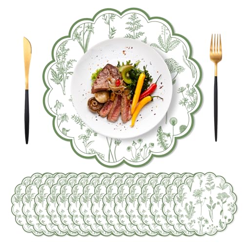 SMUAENSS 50 PCS Wedding Placemats, Green Placemat with Floral Pattern, Paper Doilies 13.5 Inch Round, Paper Placemats for Baby Showers, Wedding Parties, Bridal Tea Parties, Banquet Table Settings