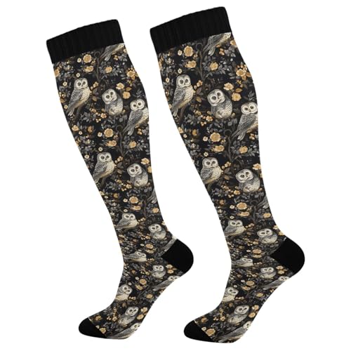 ALAZA Owl Flower Black Compression Socks for Women Men Circulation Long Socks Running Athletic Cycling 2 pair