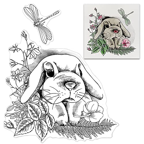 Easter Lop-Eared Rabbit Bunny Background Clear Stamps For Card Making And Paper Craft, Dragonfly Flower Leaves Animal Clear Rubber Stamps For Card Making Decoration And Diy Scrapbooking #TOP24
