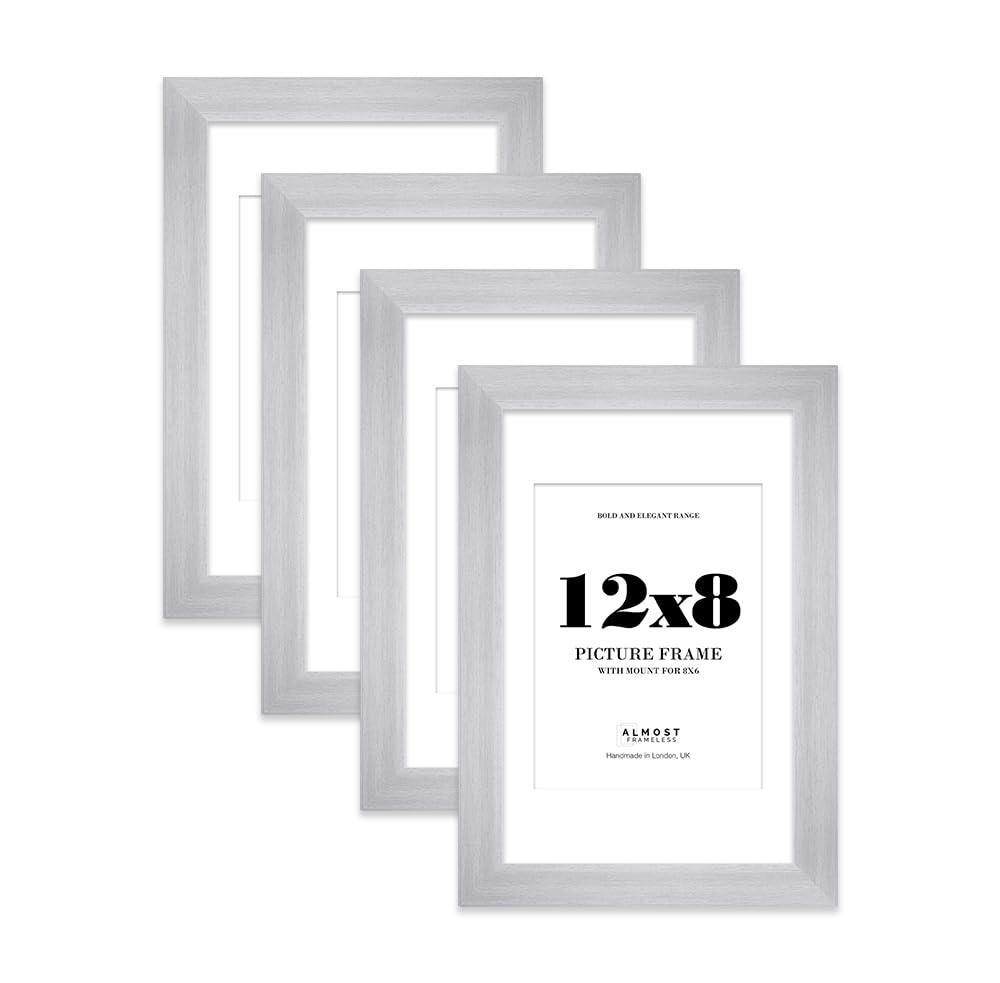 12x8 Silver Frame With Mount for 8x6 Pictures 28mm Edge Portrait and Landscape Display with Wall Hooks and Kickstand, 4 Pack