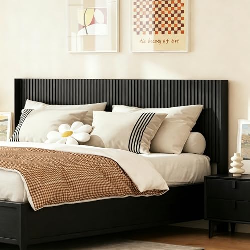 COCO DESIGN Queen Size Headboard Only 64.3 Wide Headboard Mid Century Modern Farmhouse Boho HeadBoard Fluted Panel Wall Mount Wingback Design Black