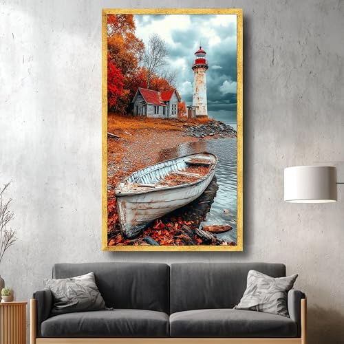 Toile paysage automnal lac et phare déco vintage 70x110 cm