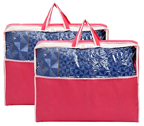 Image of Heart Home Multiuses Non-Woven Clothes Storage Bag /Wardrobe Organizer /Saree Cover With Top Tranasparent Window- Pack of 2 (Pink)