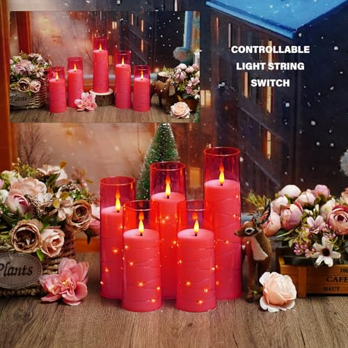 Image of kakoya Flameless LED Candles with Timer 5 Pc Flickering Flameless Candles for Romantic Ambiance and Home Decoration Stable Acrylic Shell,with Embedded Star String,Battery Operated Candles(Pink)
