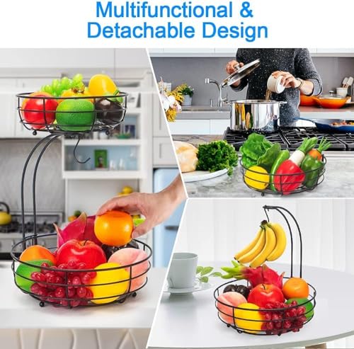RACHEL'S TINY TREASURES 2-Tier Countertop Fruit Basket Bowl with Banana Hanger, Metal Wire Vegetable and Fruit Storage Baskets, Black