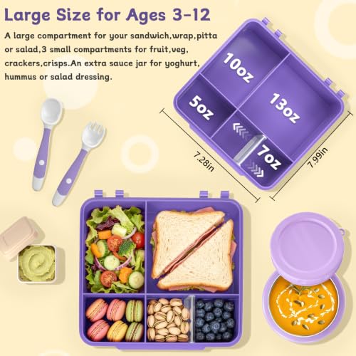 Image of Kids Lunch Box 4 Compartment Bento with 8oz Food Jar，Purple