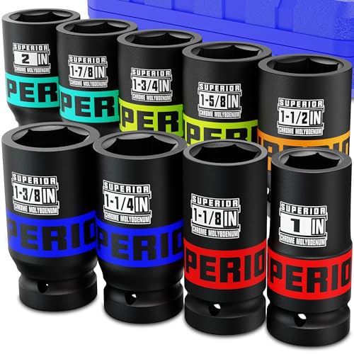 Image of 9 Piece 1 inch Drive Deep Impact Socket Set, 1 inch - 2 inch Jumbo Socket, SAE, 6-Point, Heavy Duty CR-MO, Truck Tire Service, Mechanical Equipment Maintance