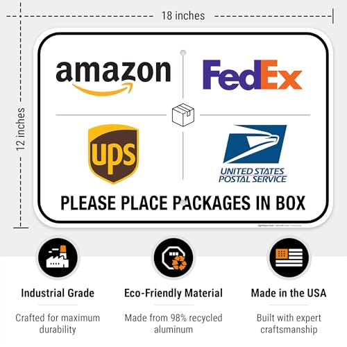 Image of Package Delivery Sign, Please Leave Packages Here Sign, FedEx, Amazon, UPS, USPS, 12x18 Inches, Rust Free .063 Aluminum, Fade Resistant, Made in USA by Sigo Signs