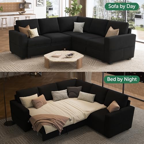 Image of HONBAY Modular Sectional Sleeper Sofa with Pull-Out Bed, Velvet L-Shaped Sofa with Storage Seat, Sectional Sofas for the Living Room, Black