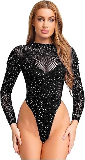 Sexy Outfits for Women, One Piece Thong Fishnet Bodysuit, Halter Sheer Mesh Top Night, Club and Party (Sparkle BodySuit)-image-36