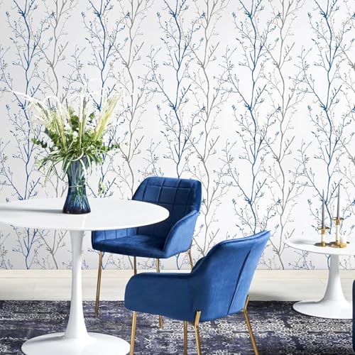 Image of FOKRIM White and Blue Tree Wallpaper, 45x300 cm, Removable & Waterproof, Self-Adhesive Wall Decals for Living Room, Bedroom, Office, and Home Decoration