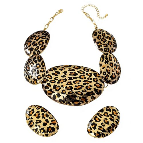 Chunky Gold Leopard Necklaces Earrings Set for Women Vintage Adjustable Irregular Geometric Leopard Print Choker Necklace Earring Fashion African Statement Jewelry Set Accessories for Women (ellipse)