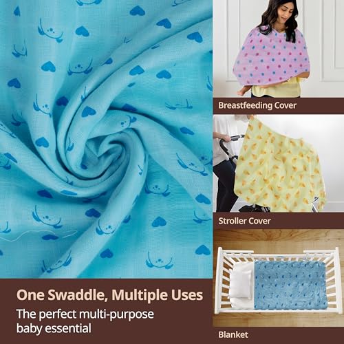 Image of LuvLap 100% Cotton Muslin Baby Swaddle Set, Baby Towel, Size-120cm x 100cm (47 inchx39 inch), Dots Hearts Print, 0-18 Month+, Printed Mulmal Muslin Swaddle Wrap for New Born, Pack of 6