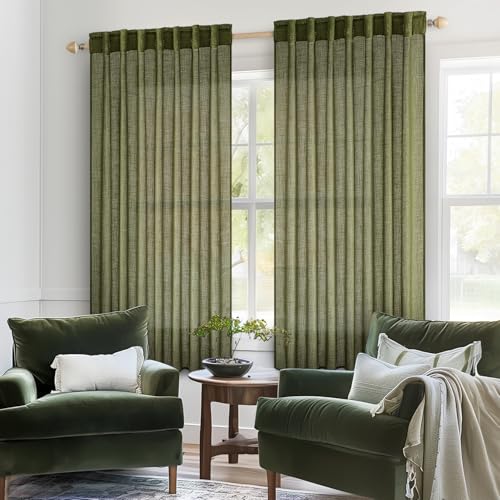 MIULEE Light Olive Green Linen Curtains 63 Inch Length 2 Panels for Bedroom Living Room, Soft Linen Textured Natural Kitchen Window Drapes Semi Sheer Light Filtering Back Tab Rod Pocket Burlap Look