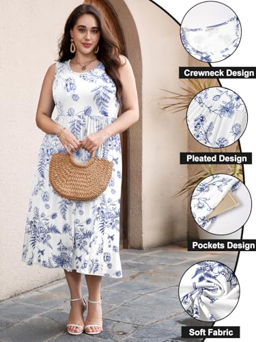 Image of LARACE Women's Plus Size Sleeveless Maxi Dress Casual Crew Neck Pleated Flowy Long Dresses with Pockets L-6XL