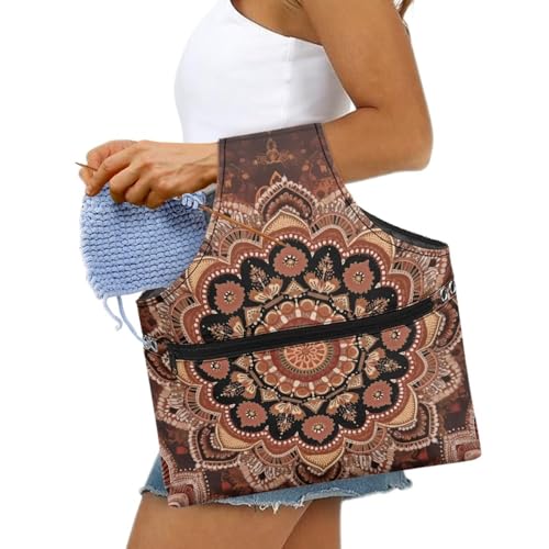 Image of ZUXONGSY Mandala Flower Crochet Yarn Bag for Women Retro Floral Knitting Tote Bag for on The Go Travel Portable Knitting Project HanbBag for Crochet Hooks