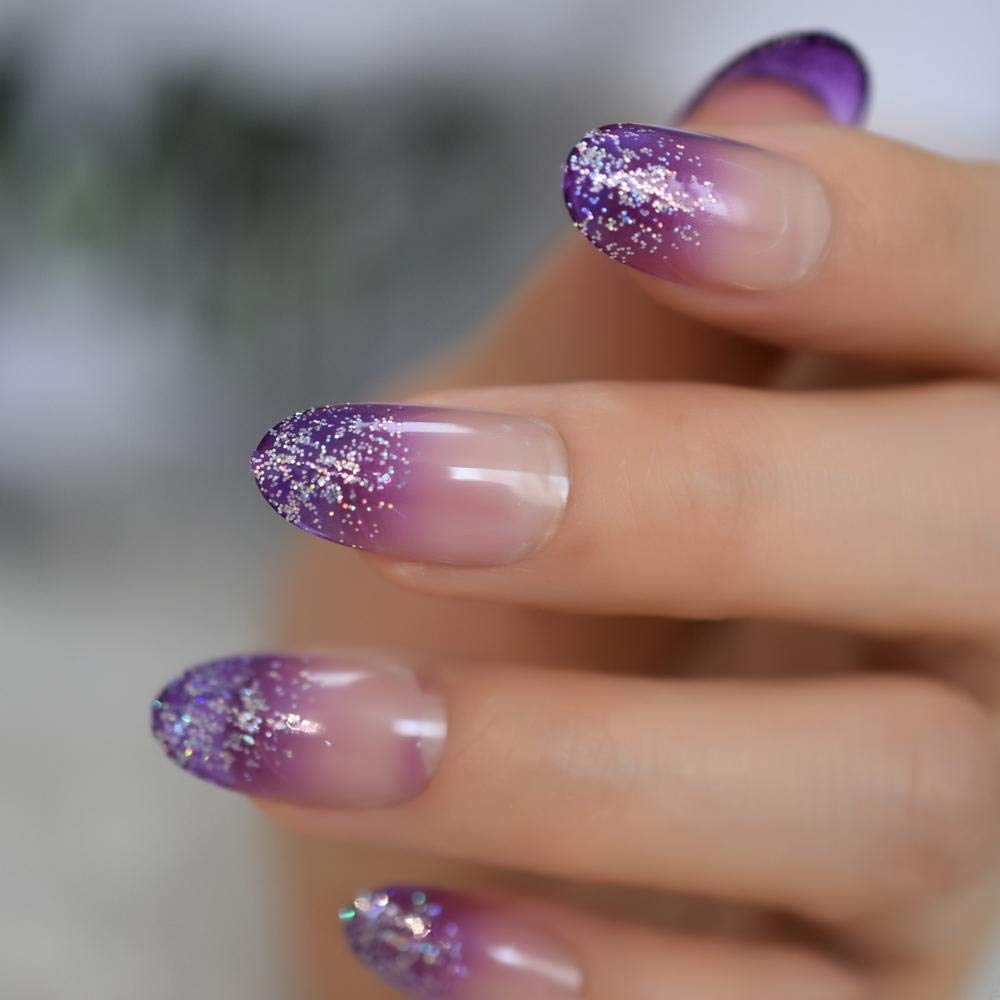GeRRiT False Nails 24Pcs Holographic Glitter French Fake Nails Gradient Purple Round Artificial False Nail Tips for Office Home Wear Faux