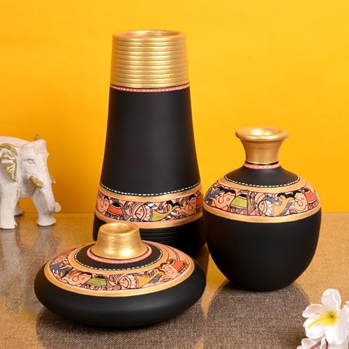 Image of Aakriti Art Creations Vase Earthen Black Madhubani Set of 3 | Handmade Terracotta Flower Vases | Matte Finish Madhubani Art Decorative Vases for Living Room, Table Decor & Gifting