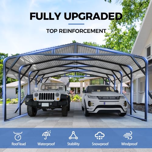 Image of AirWire 20'x20' Heavy Duty Carport Canopy for 2 Car, Metal Car Port Garage with Galvanized Steel Roof and Reinforced Stable Triangle Frame Base, Large Car Tent Shelter for Car, Pickup, Tractor, Boat
