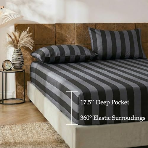 Image of Merryword 100% Cotton Sheet Set Full Size - Black and Gray Stripes Bedding, Soft Breathable Percale Weave, Wide Stripe Deep Pocket Sheet 17.5 inch, Luxury Linen Like, 4-Piece All Season Bedding