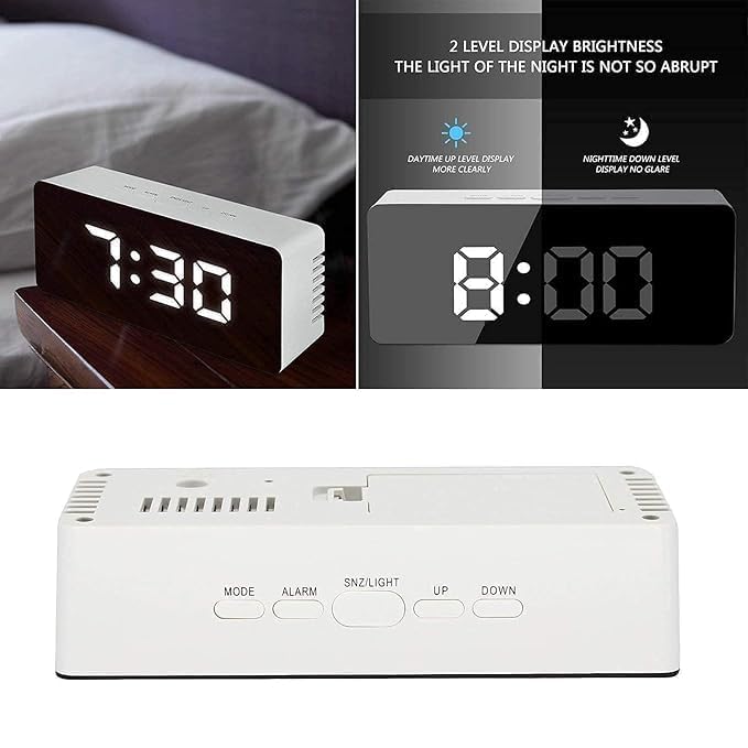 Comparison of the alarm clock display in bright daytime and dim nighttime settings