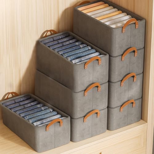 Image of JD FRESH 8 Pcs of Large Foldable Storage Box and Organiser with Metal Frame /Woven Fabric Clothes Organiser with Handle /Wardrobe Organizer for Storage /Almirah Organizer for Shirts /Jeans /Sweater (Grey)