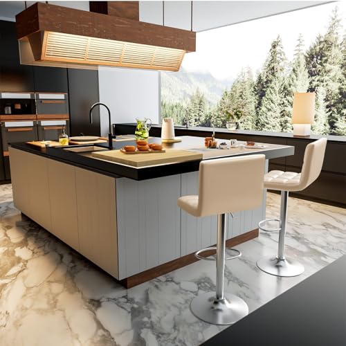 Image of Homall Bar Stools Modern PU Leather Adjustable Swivel Barstools, Armless Hydraulic Kitchen Counter Bar Stool Extra Height Square Island Barstool with Back Set of 2 (Khaki)