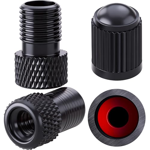 MEAJOO 2PCS Presta Valve Adapter, Aluminum Convert Presta to Schrader Adaptor, Inflate Tire Using Standard Pump or Air Compressor for Bikes, 2 x Black Tire Valve Caps(Reticulated Grain Style, Black)