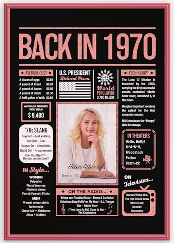 Back in 1970 Birthday Decorations Poster Sign, Born in 1970 Birthday Gift Personalized, Custom Bday Poster Photo Name for Men Women, Remembering Historical Fun Facts What Happened in the Year You Born