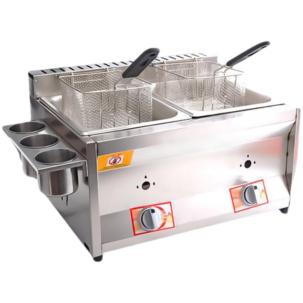 HTTGDGDH Commercial Deep Fryer, Countertop Liquefied Petroleum Fryer Dual Tank 10Lx2 Basket Lid For Restaurant/Home, French Fries, Chicken More,