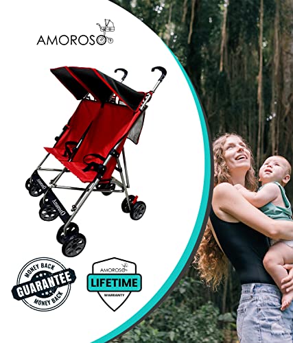 Amoroso Twin Lightweight Umbrella Stroller - Easy To Clean Stroller - Baby Stroller With Four Wheels - Travel-Ready Stroller - With Extra Storage - Sunlight And Light Rain Protection Red/Black #TOP4