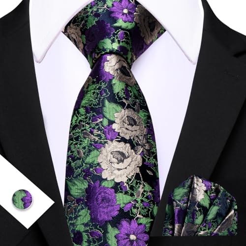 Image of Barry.Wang Flower Ties for Men Handkerchief Cufflinks Set Wedding Necktie Set Party