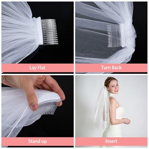 Opvixi White Short Wedding Veil, Pearl Bridal Veil with Comb, Bride to Be Veil for Bachelorette Party, Bridal Shower, Wedding - Thumbnail 5