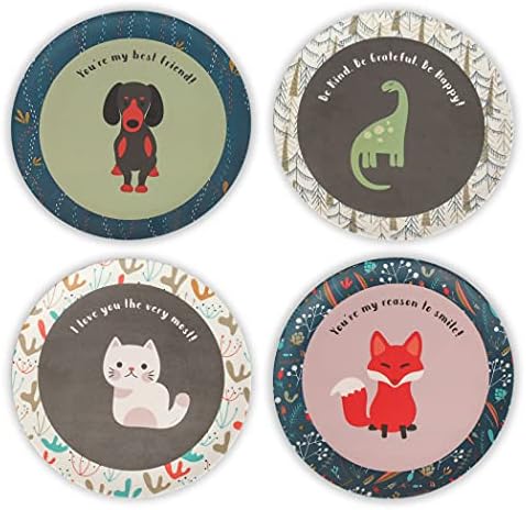 BeeBon Beauty Home Bamboo Plates for Kids - Set of 4 Pack Super Cute Dog, Dinosaur, Fox & Cat