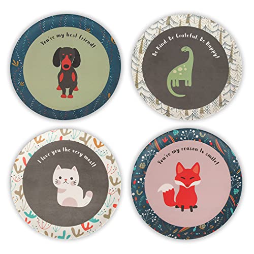 Beebon Beauty Home Bamboo Plates For Kids - Set Of 4 Pack Super Cute Dog, Dinosaur, Fox & Cat #TOP20
