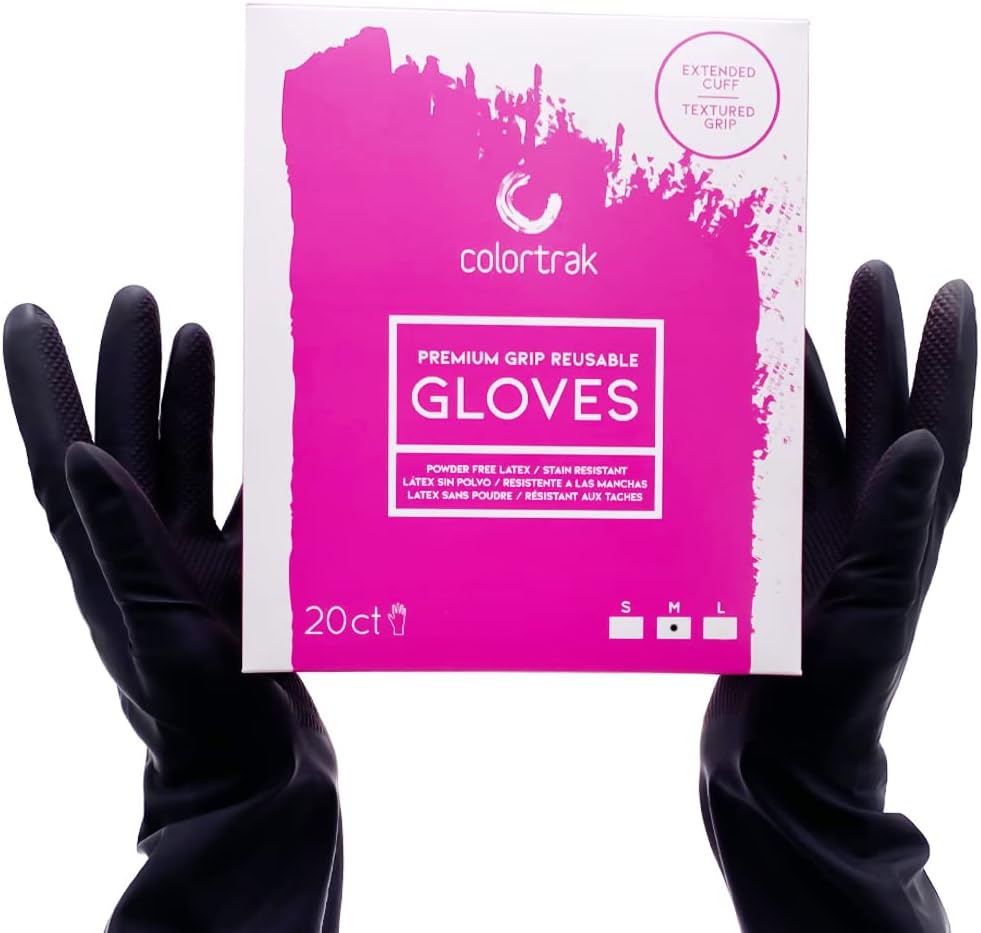 Colortrak Reusable Powder Free Latex Gloves, 20 Count, Multi-Use, Lightweight Latex, Textured Finish, Black Color Hides Stains, Reusable to Reduce Waste, Medium